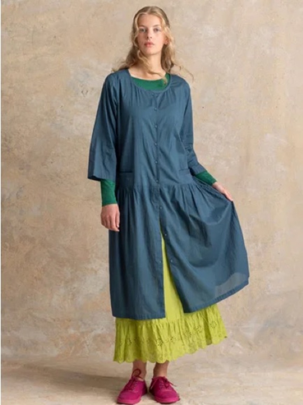 Gudrun Sjoden Tindra Button Front Organic Cotton Woven Dress Tunic Smock Medium